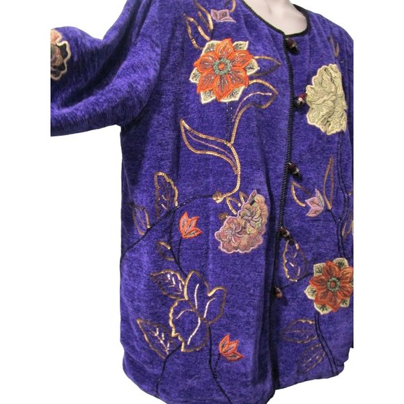 Purple Chenille Glass Applique Embroidered Beaded Sequin Wearable Art Jacket L - Picture 9 of 16